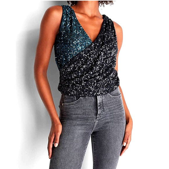 NWT Express Sequin Color Block Faux Wrap Tank Top - Large - Picture 1 of 15
